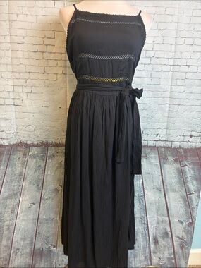 Aritzia Wilfred Black Honoree Belted Midi Dress with Punched Bodice Sz L Beach